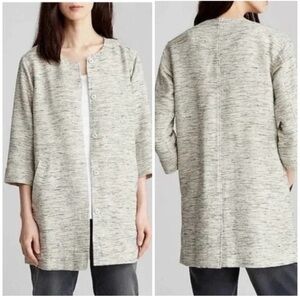 Eileen Fisher Ecru Cotton Blend Tweed Round Neck Long Jacket M